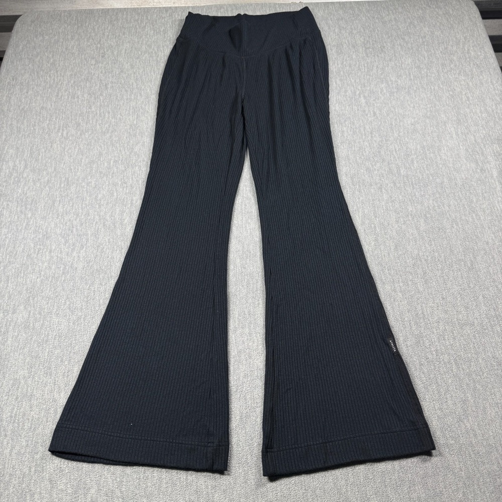 Athleta Pants Women Medium Black Ribbed Knit Flare Leg High Rise Yoga Lounge